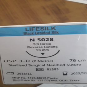 Lifesilk Black Braided Silk 25mm 76cm Suture Needle - N5070