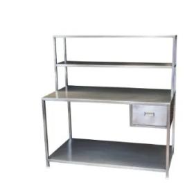 S.S. CONTROL AND PACKING TABLE WITH UNDERSHELF, DRAWER AND OVE HEAD SHELVES.