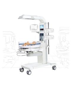  A specialized baby warmer in a hospital setting, designed to provide gentle and regulated heat to newborn infants. The warmer consists of a clear, enclosed bed where the baby is placed, with integrated temperature controls and monitoring equipment to ens